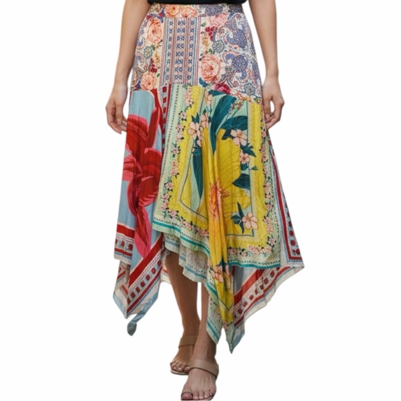 FARM Rio Dresses & Skirts - FARM Rio Woman’s Azalea Mix Floral Patchwork Handkerchief Midi Skirt Size Med